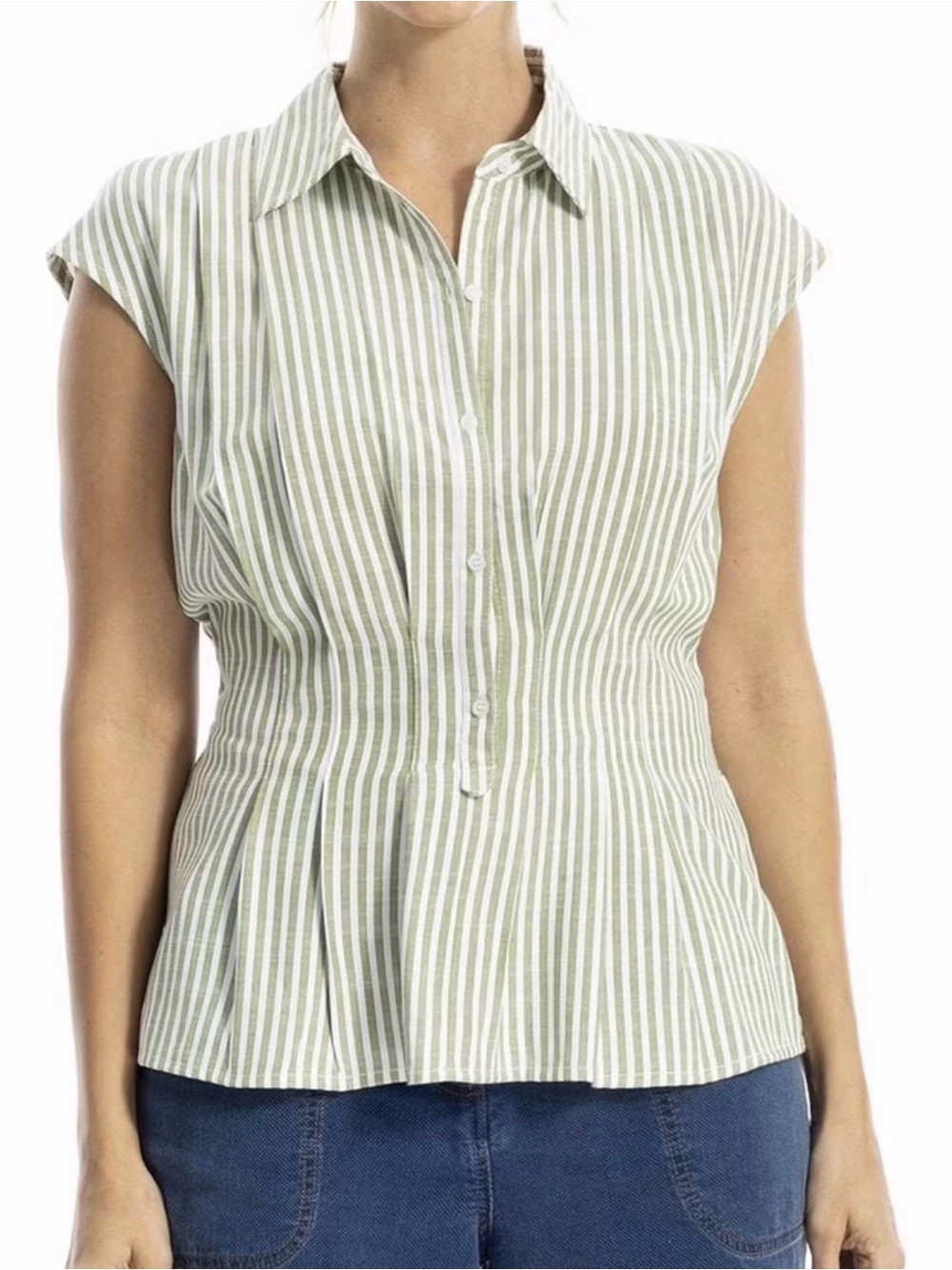 NWT Max Studio Green and White Striped Button-Front Peplum Top size small